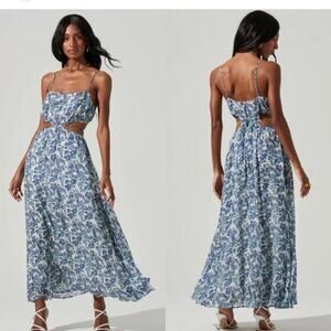 ASTR the Label Sanger Blue Floral Side Cutout Pockets Maxi Dress, Small